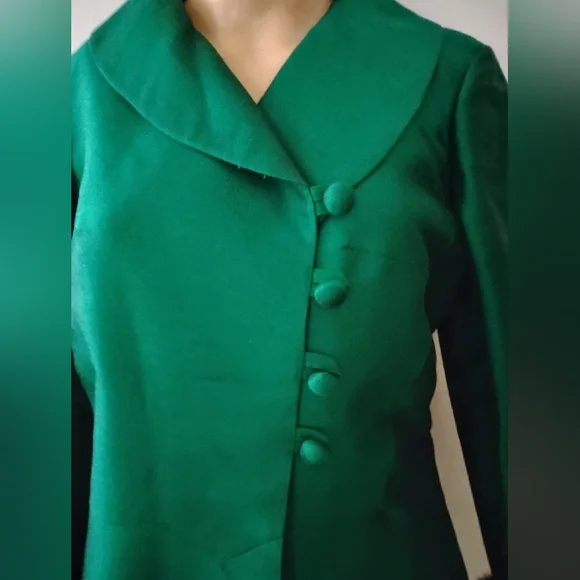 Vintage 50's 60's Emerald Green Raw Silk Suit Mink Cuffs Marissa California New? - Picture 2 of 11